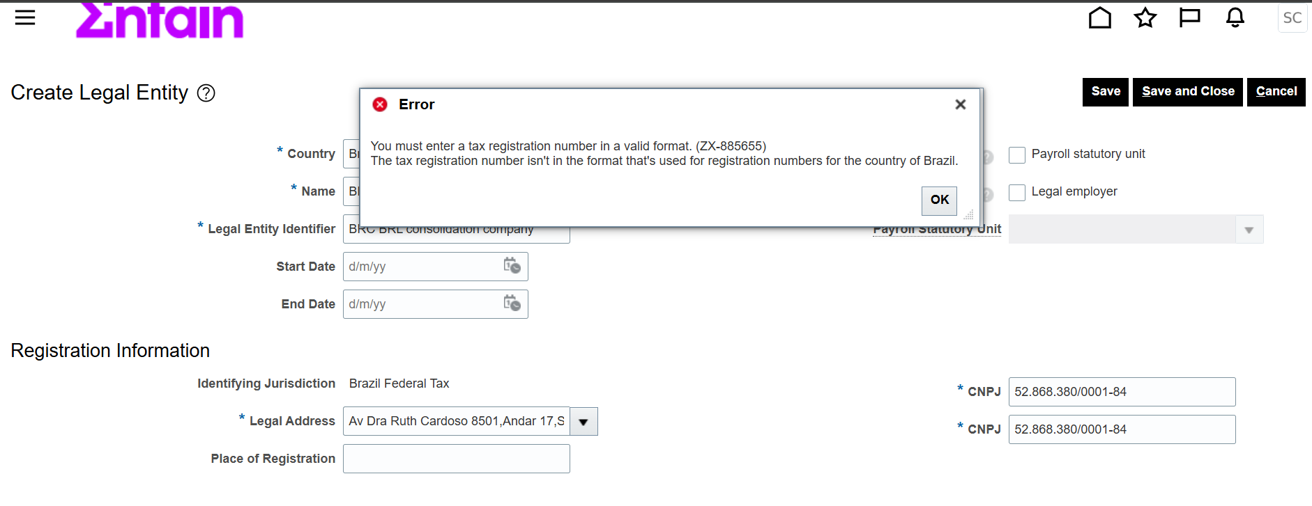 Not Able to Create Legal Entity For Brazil, Error (ZX-885655