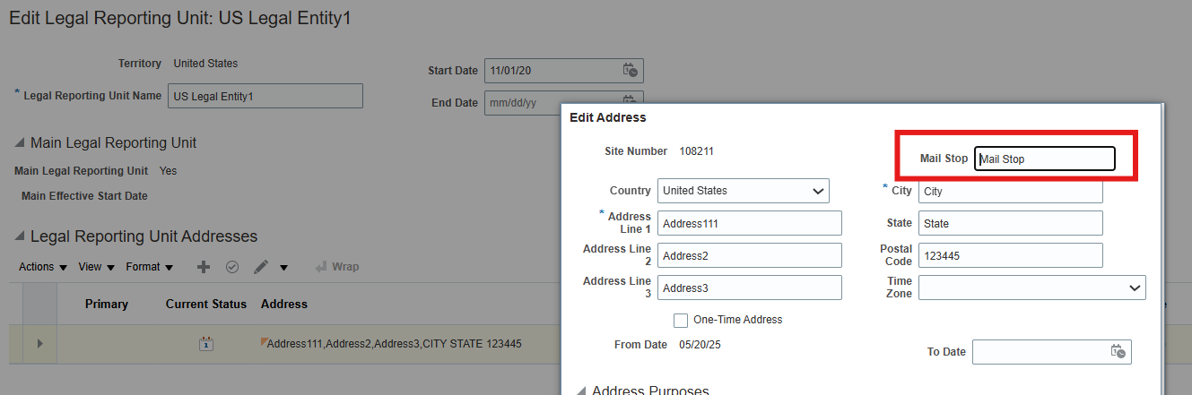 In which table has the information of Mail Stop in Legal Reporting Unit ...