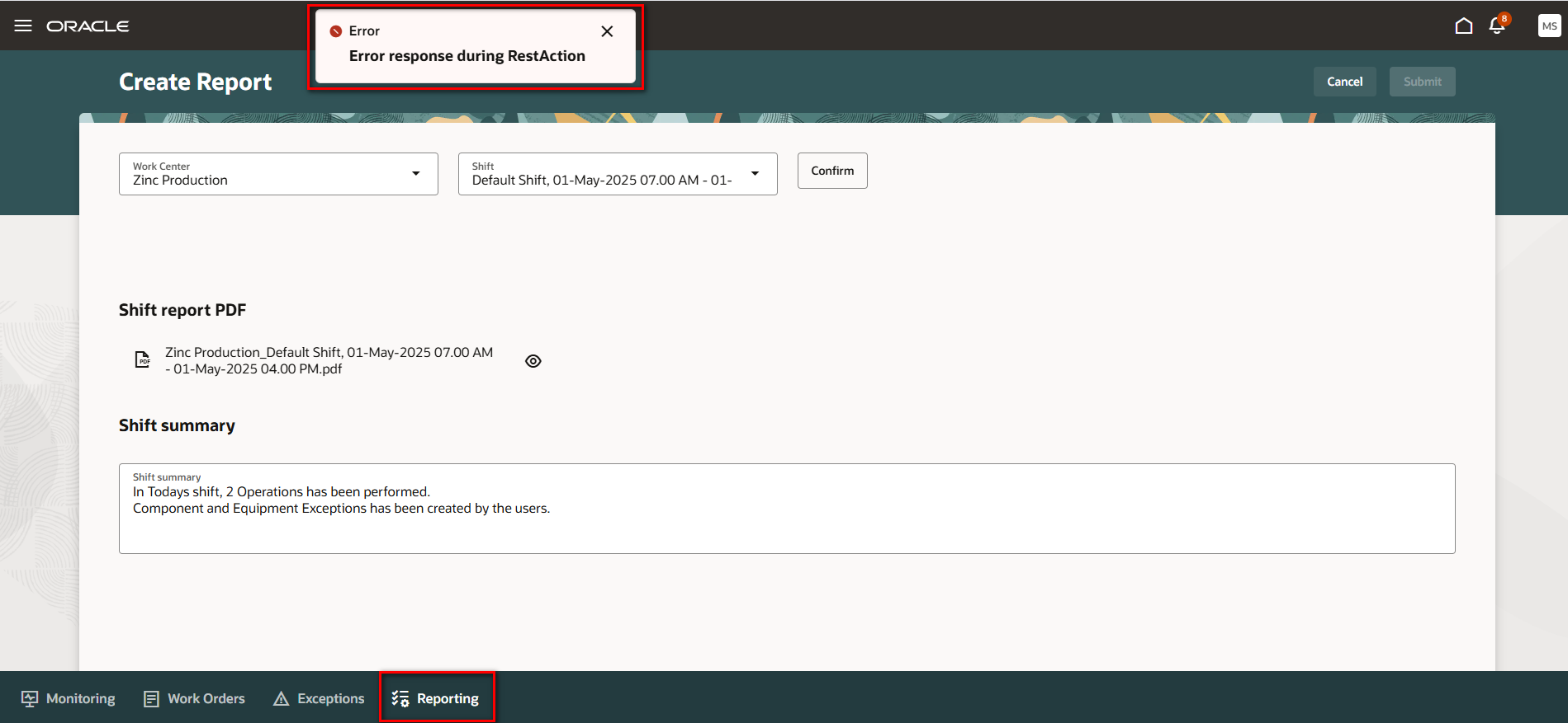 Error response during RestAction while submitting the Report in ...
