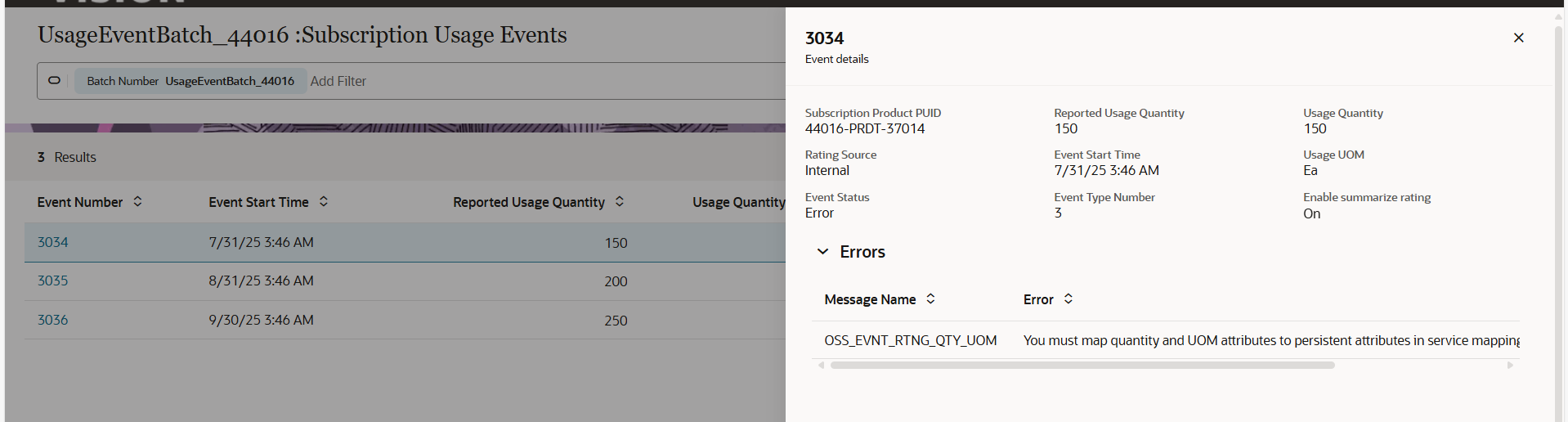Error when Rate Subscription Usage Events — Cloud Customer Connect