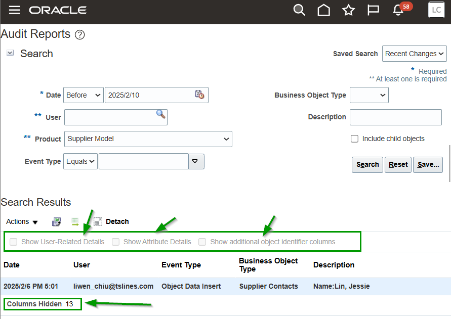 Audit Reports - "Show Attribute Details" grey out — Cloud Customer Connect