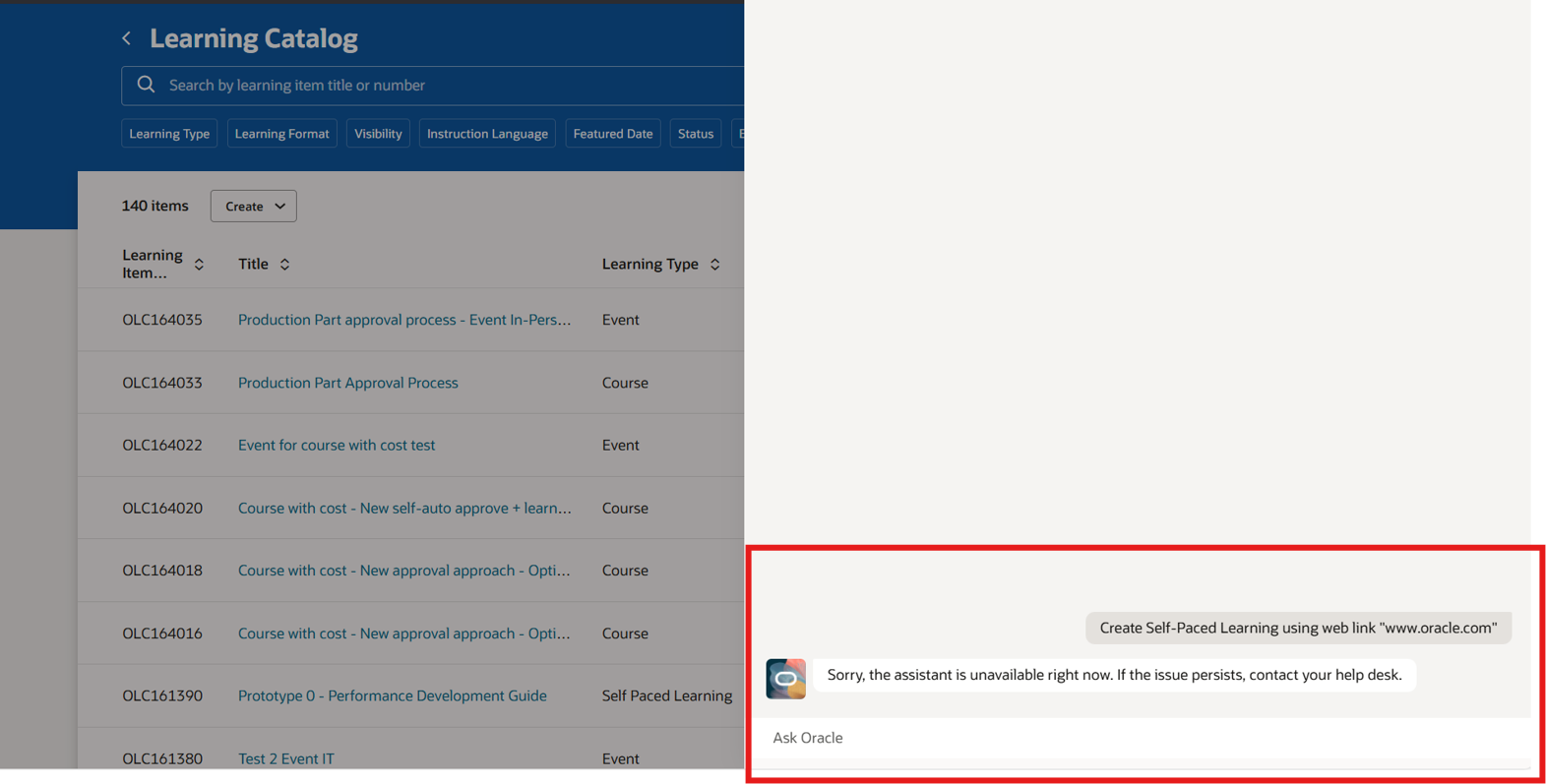 “Learning catalog creation assistant” not working — Cloud Customer Connect