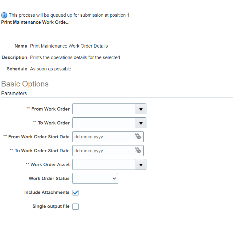Print Maintenance Work Order Material List Parameters — Cloud Customer ...