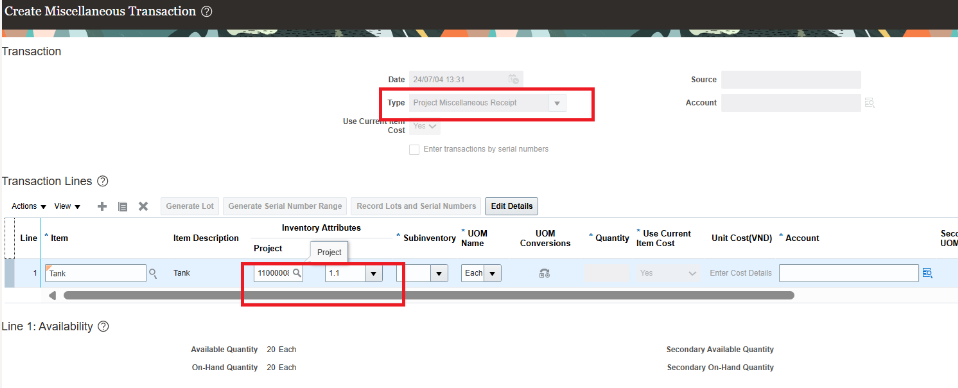 Miscellaneous receipt inventory project costs — Cloud Customer Connect