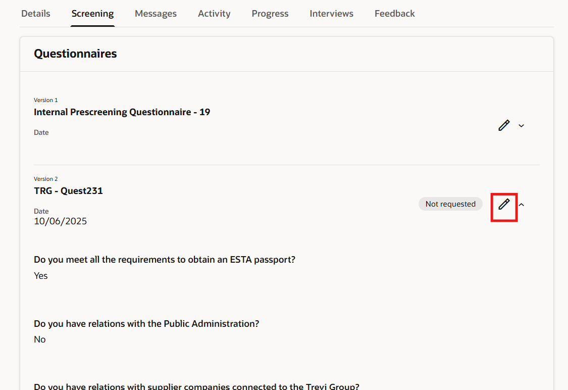 Screening questionnaire editable only if not previously completed ...