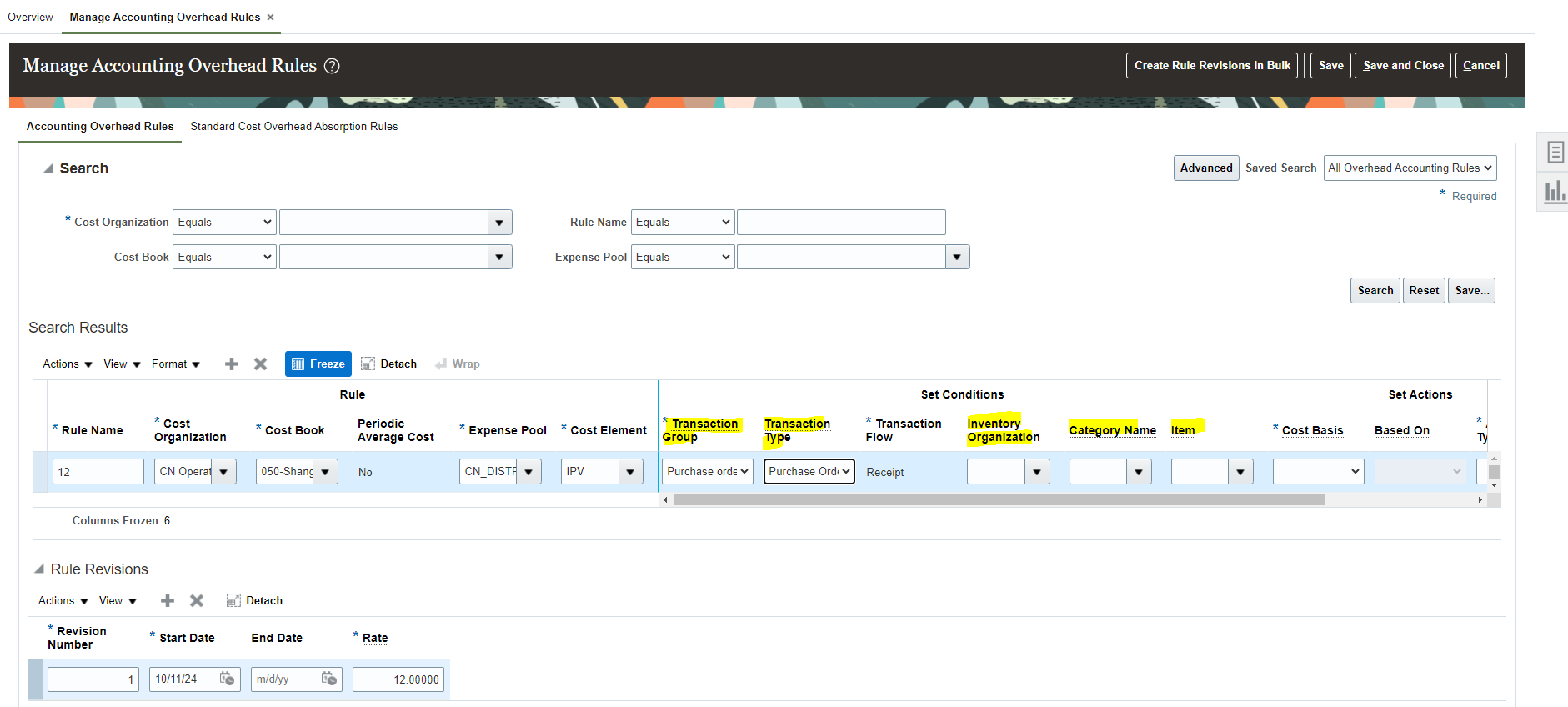 Define Accounting Overhead Rules based on Transaction Type, Cost