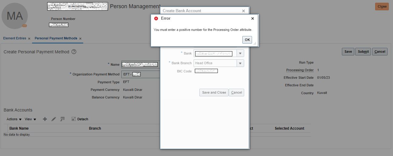 Error You must enter a positive number for the Processing Order