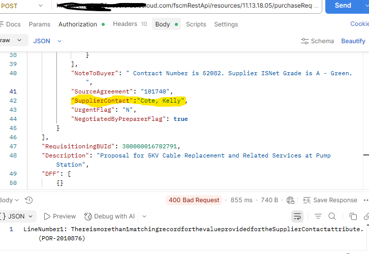 REST API Error while creating Purchase Requisition — Cloud Customer Connect