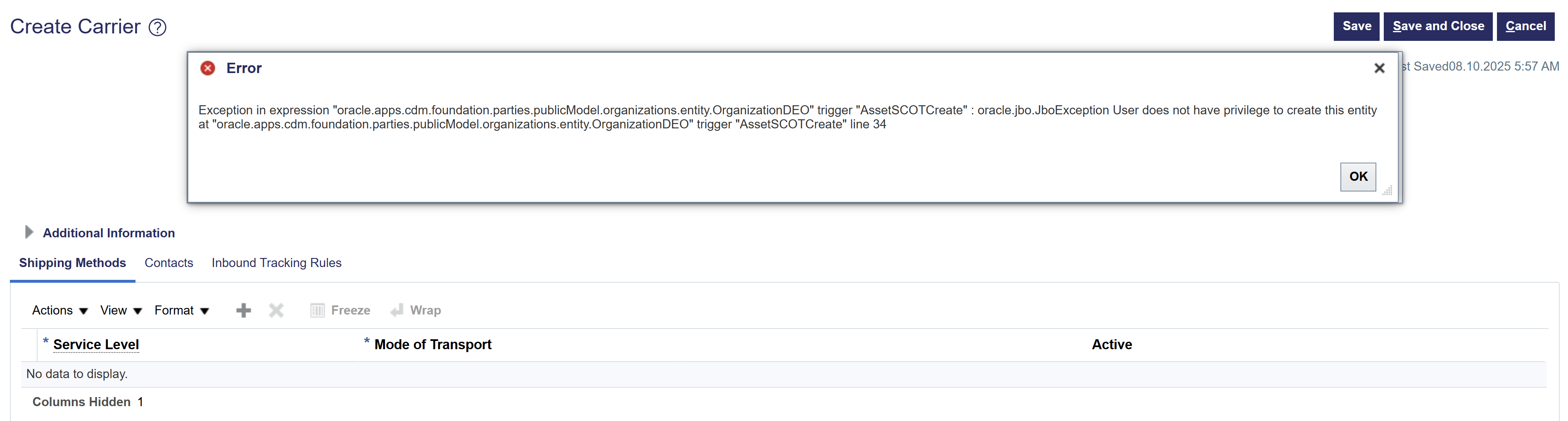Creating Carriers ends with error — Cloud Customer Connect