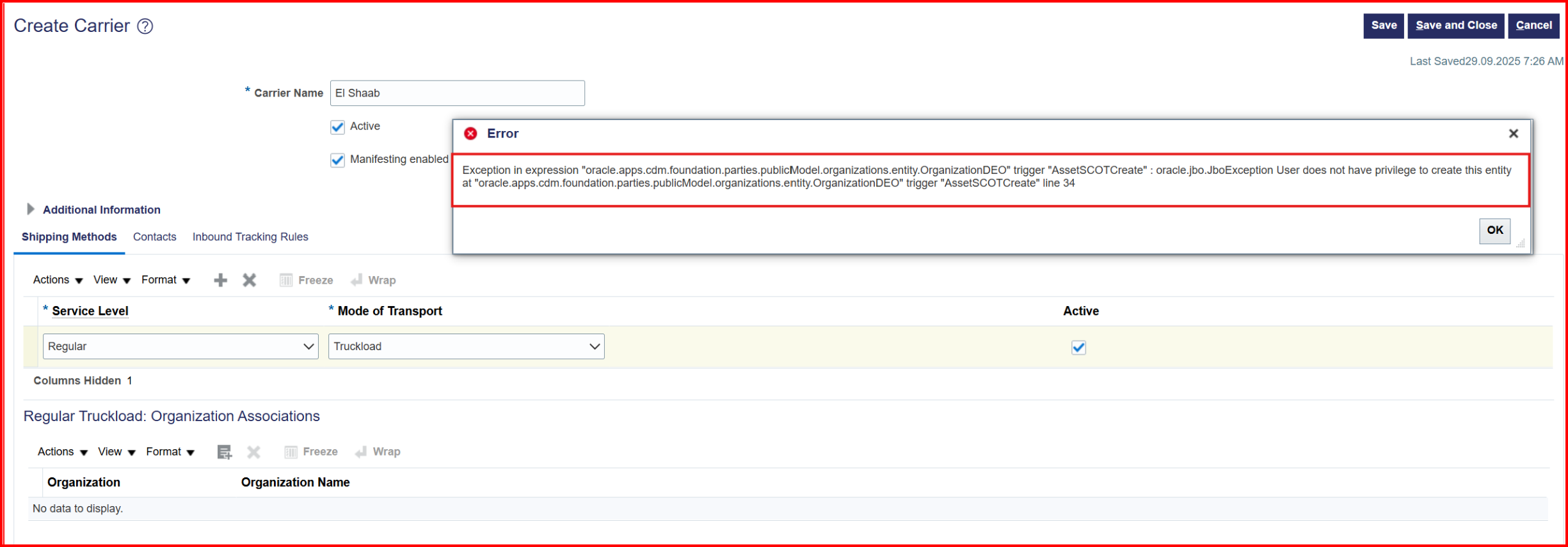Facing issue while defining Carrier, Not able to save the details ...