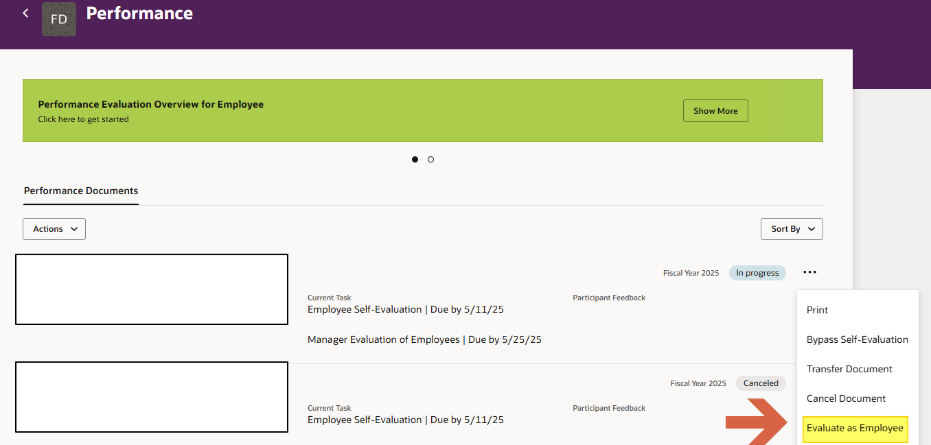 How to hide "Evaluate as Employee" under row actions for Performance ...