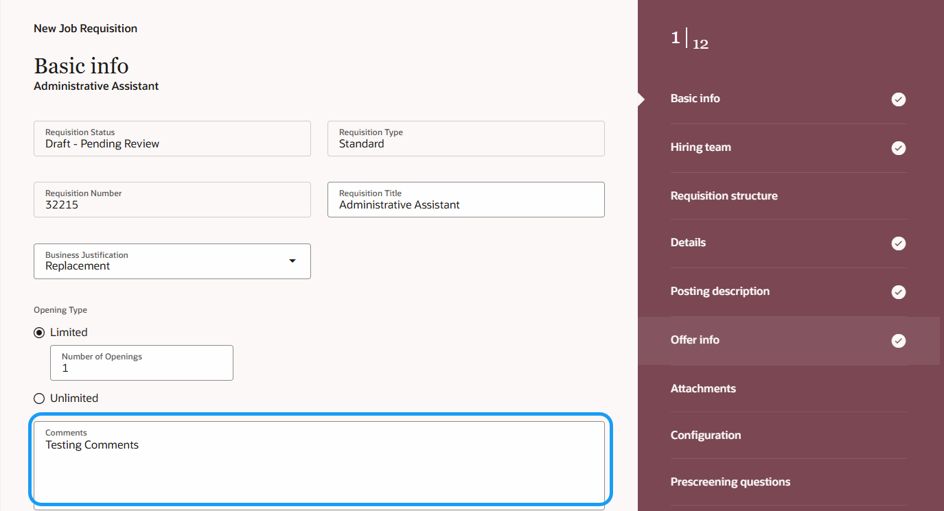 Redwood: Comments Field is not Appearing on Job Requisitions — Cloud ...