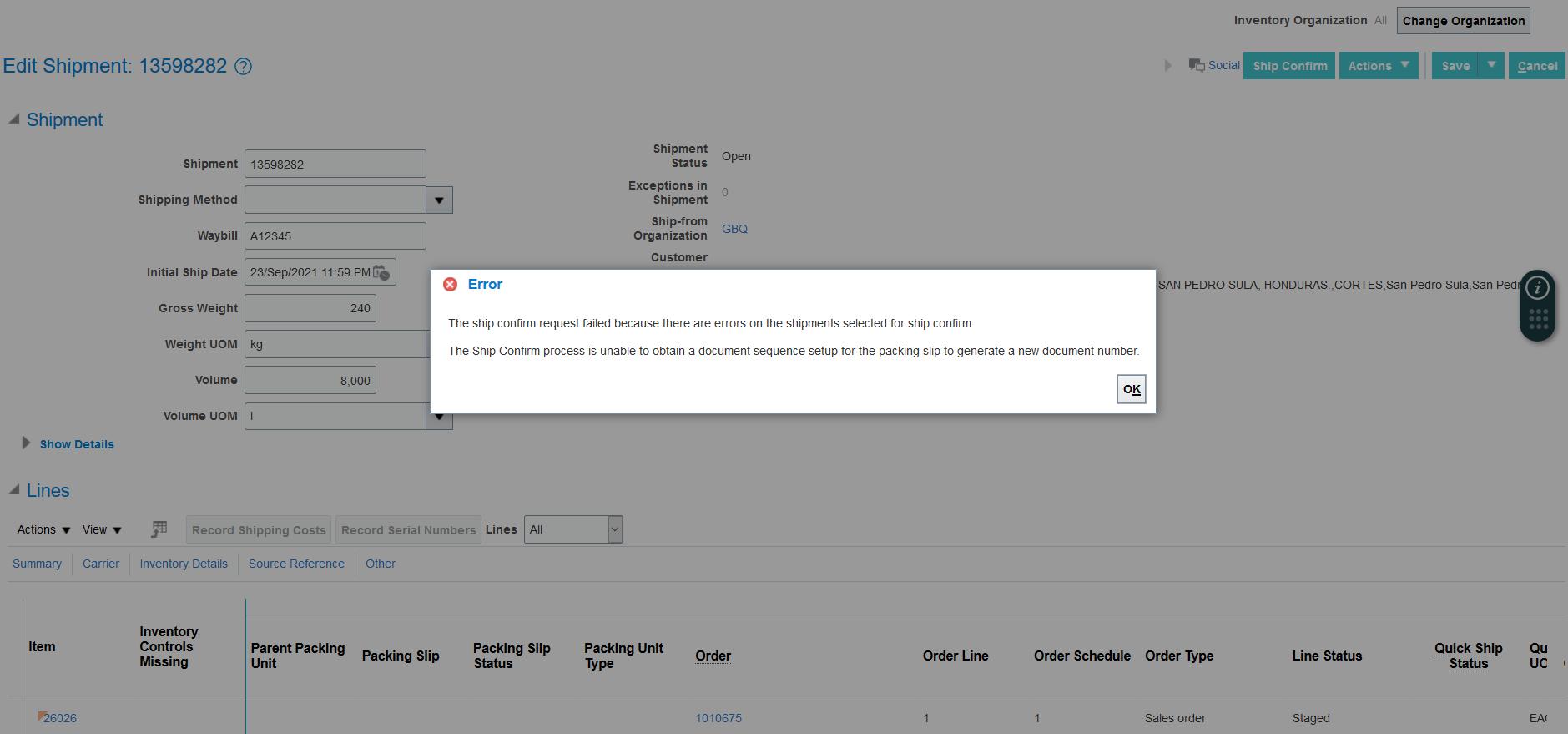 Ship confirm error — Cloud Customer Connect