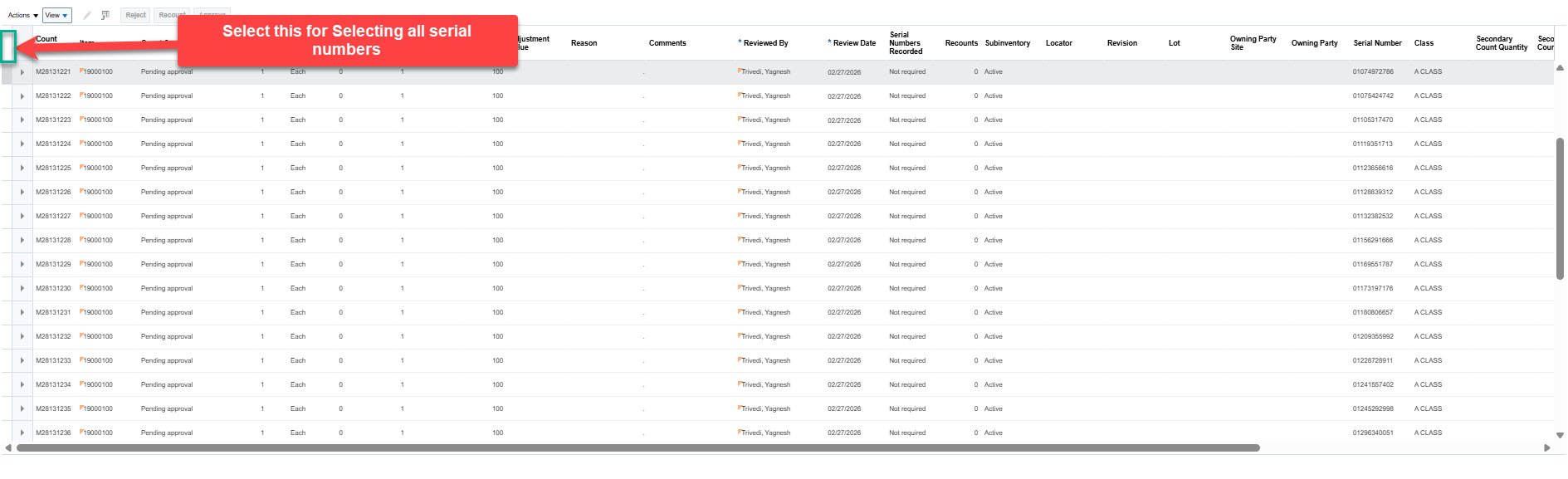 Approving Cycle Count for multiple Serial Numbers through mass select ...
