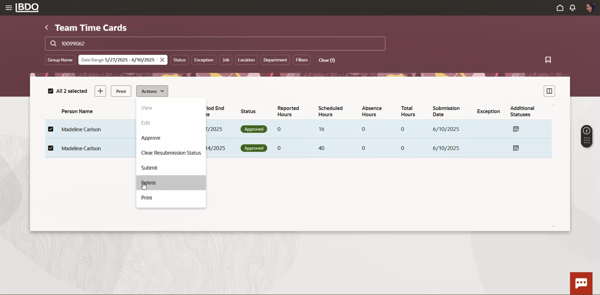 Unable to Delete Time Card in Team Time Cards — Cloud Customer Connect