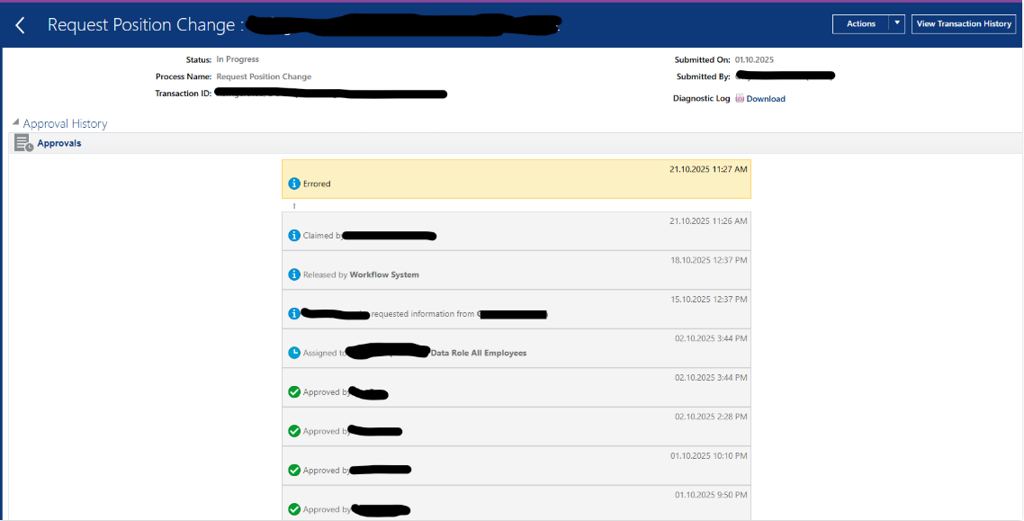 Approval transaction errored out by the system — Cloud Customer Connect