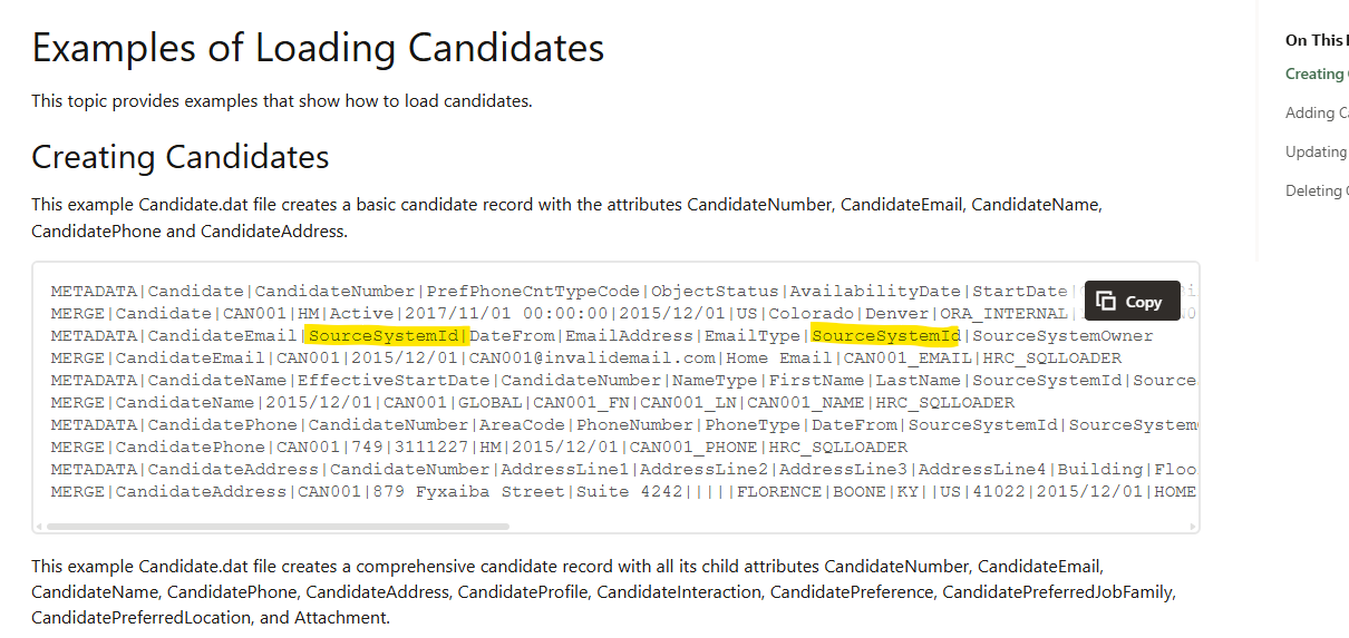 Sample Dat File sample dat file for loading candidate — Cloud Customer Connect