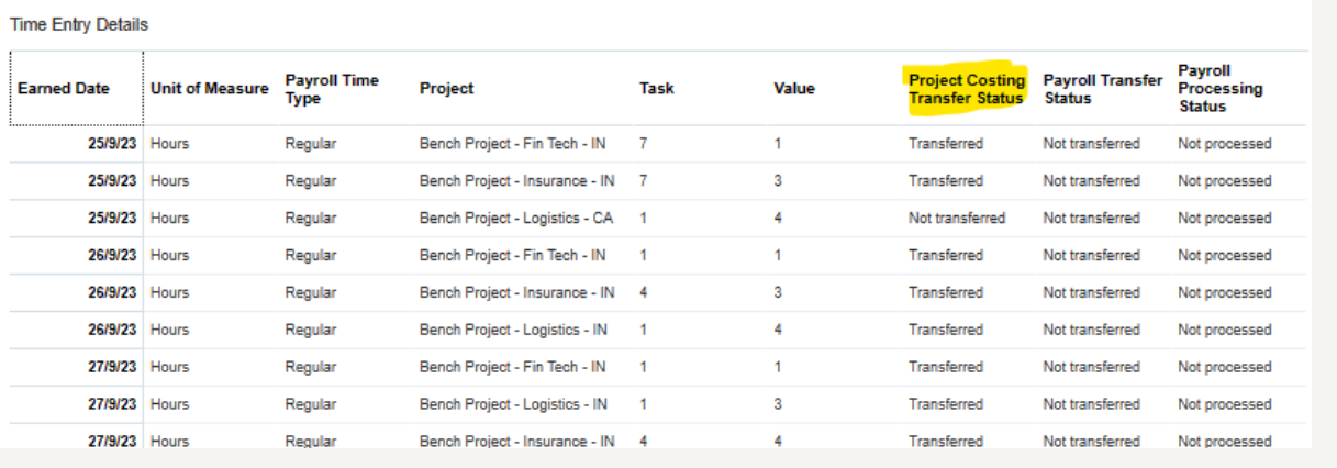 Timecard Update HDL file to update timecard additional fields (project transfer status ...