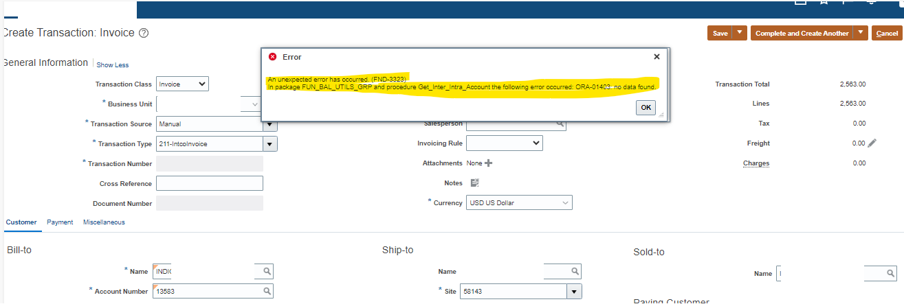 Unable to create AR invoice for Intercompany Customer — Cloud Customer ...