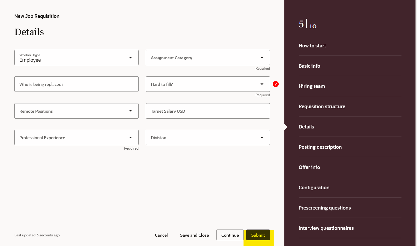 Submit Button - Job requisition redwood page — Cloud Customer Connect