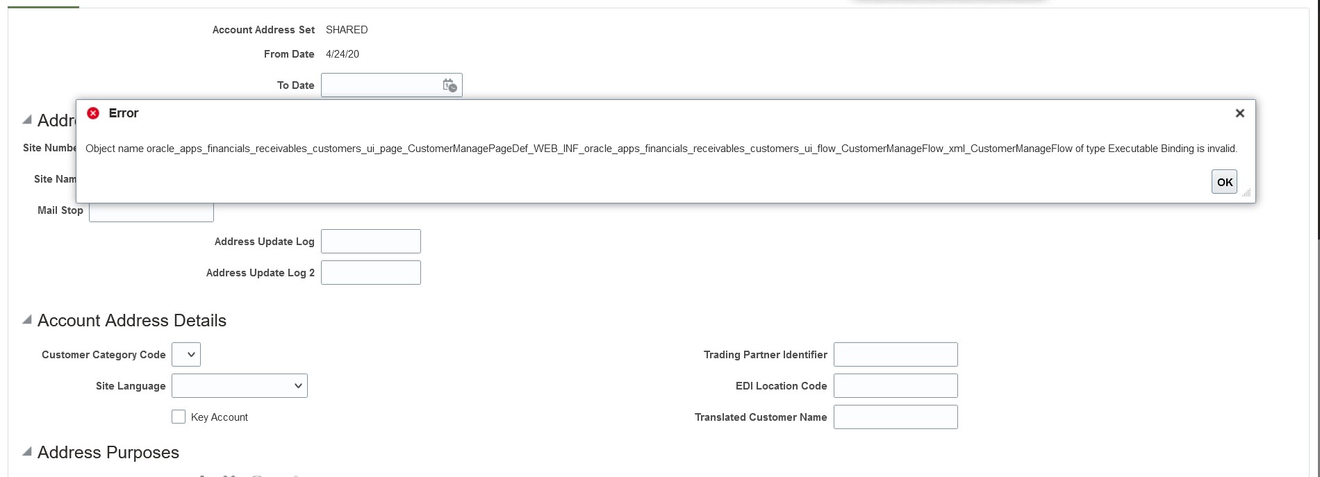 Error while Editing an existing customer site — Cloud Customer Connect