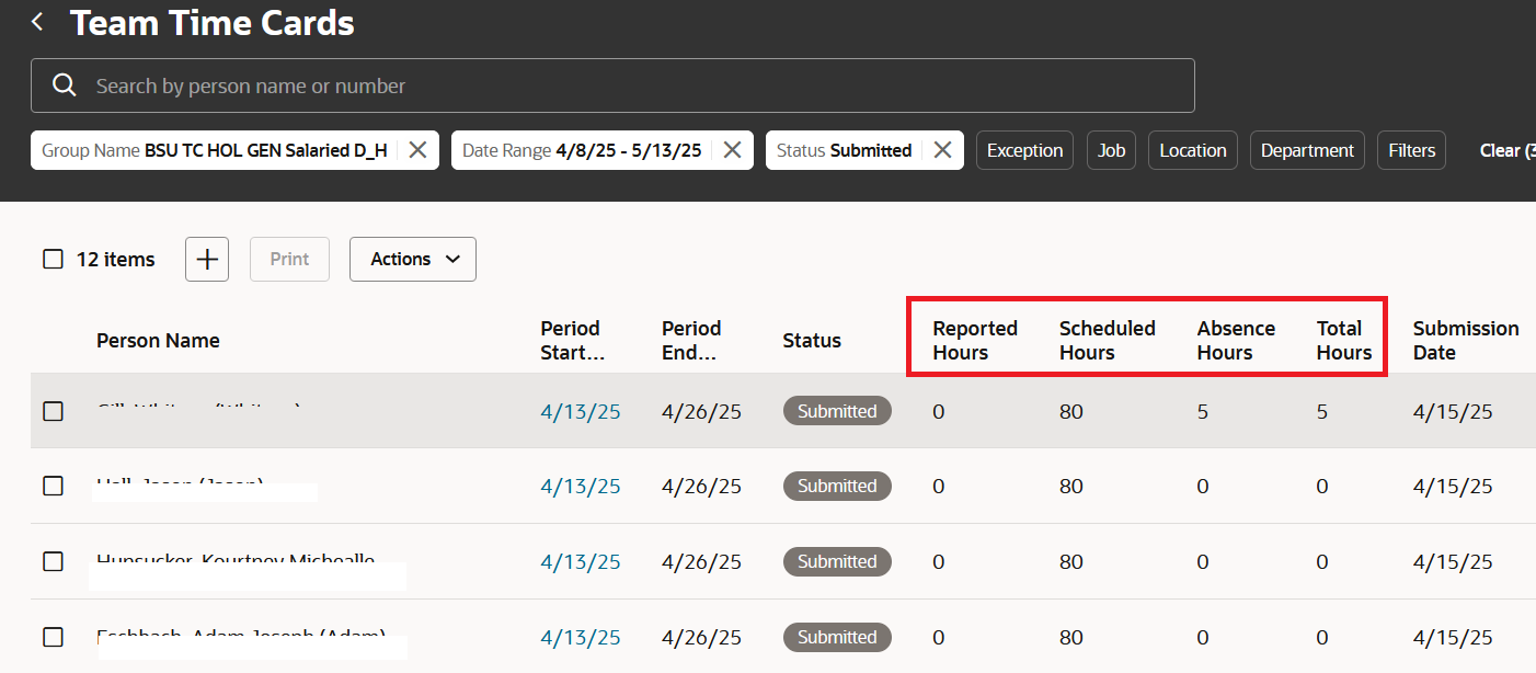 In Redwood Team Time Cards, can we sort by Reported Hours, Scheduled or ...