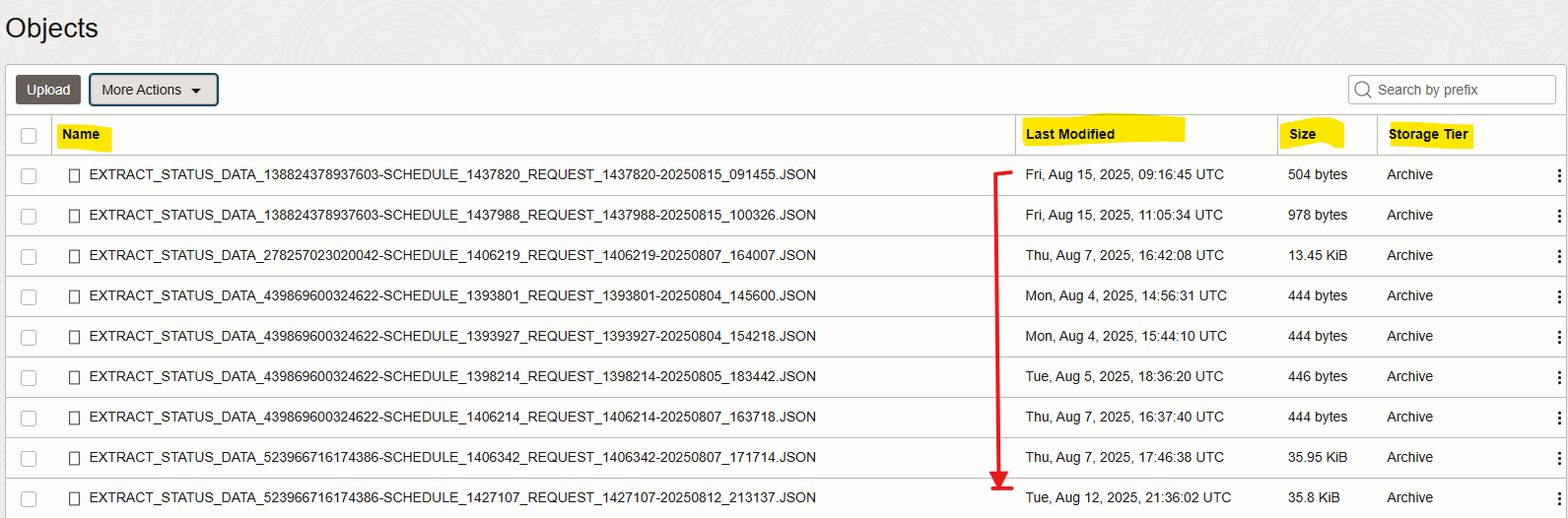 filter or sort items in Object storage bucket — Cloud Customer Connect