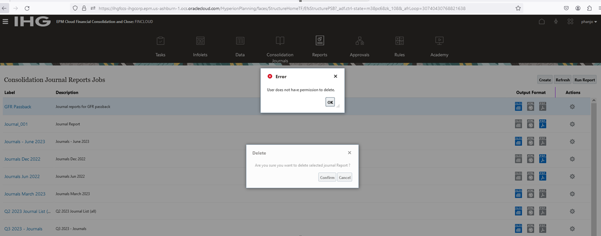 Unable to delete the Journal reports — Cloud Customer Connect