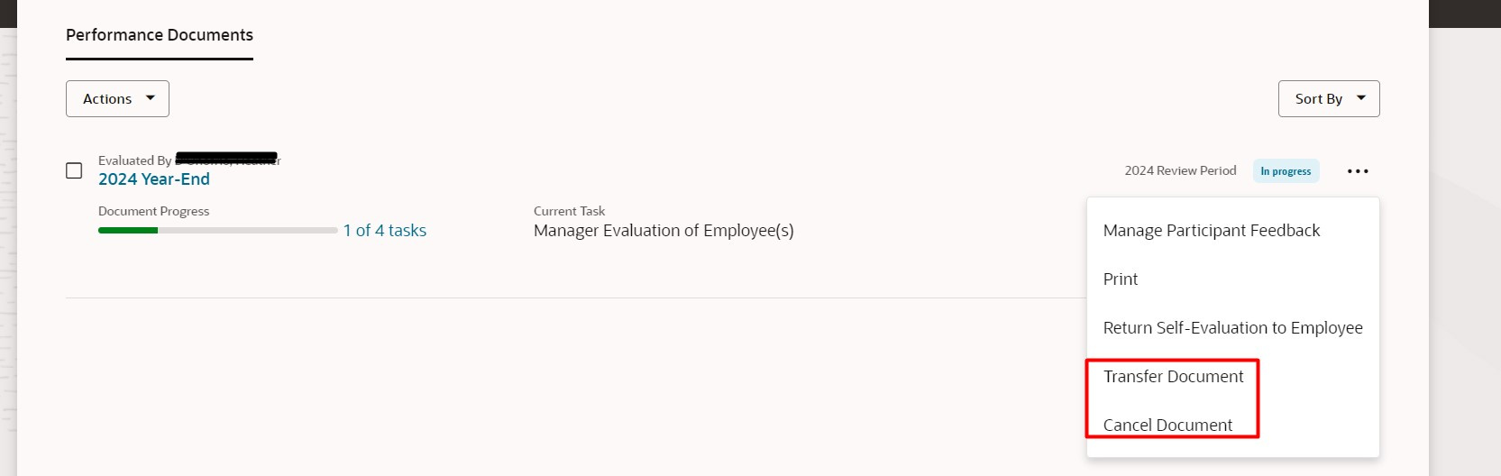 Redwood - My Team>Performance document actions — Cloud Customer Connect