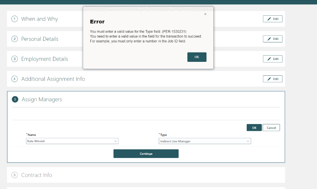 Unable to add indirect manager (You must enter a valid value for the Type field. (PER1530231