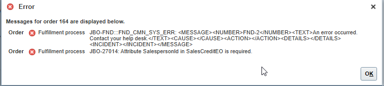 Error while submitting the sales order — Cloud Customer Connect