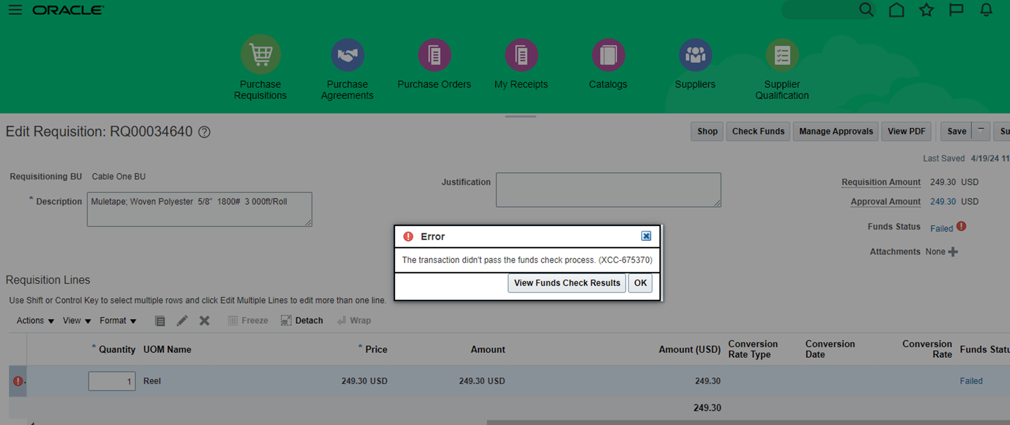 Customize message The transaction didn't pass the funds check process ...