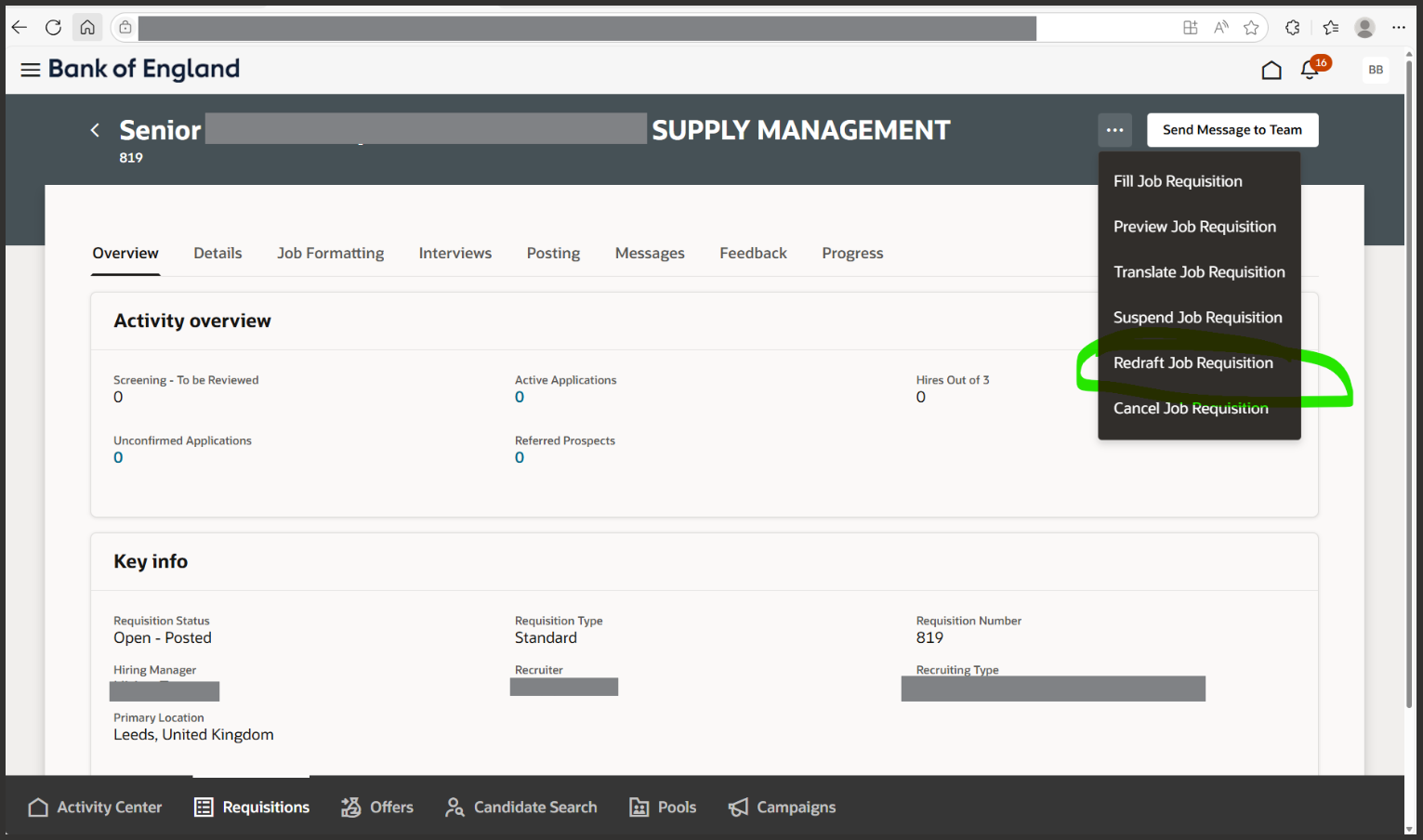 Redwood 25C Hide Redraft Job Requisition Action menu for Recruiter on ...