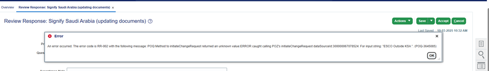 An error occurred while accepting the initiative for updating documents ...