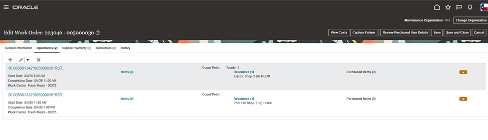Work order created with two operations — Cloud Customer Connect