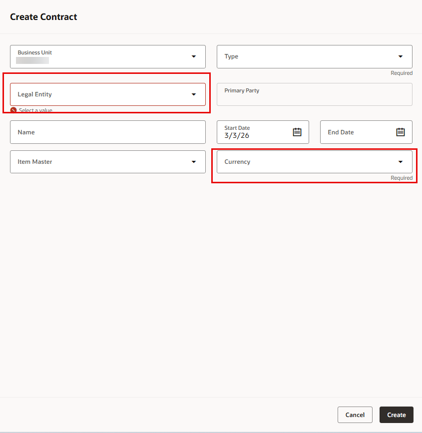Default values on Create Contract page — Cloud Customer Connect