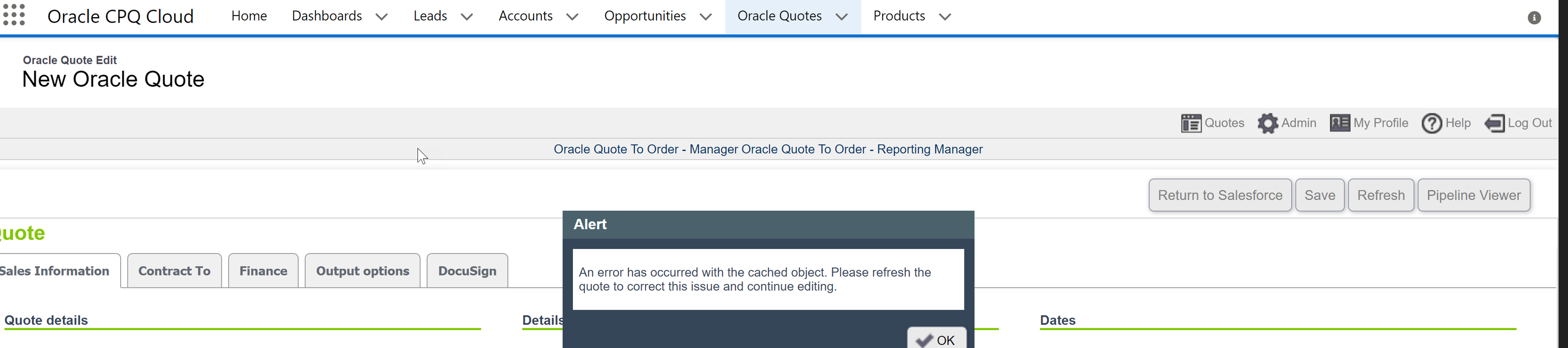 CPQ Salesforce Integration - cached object error — Cloud Customer Connect