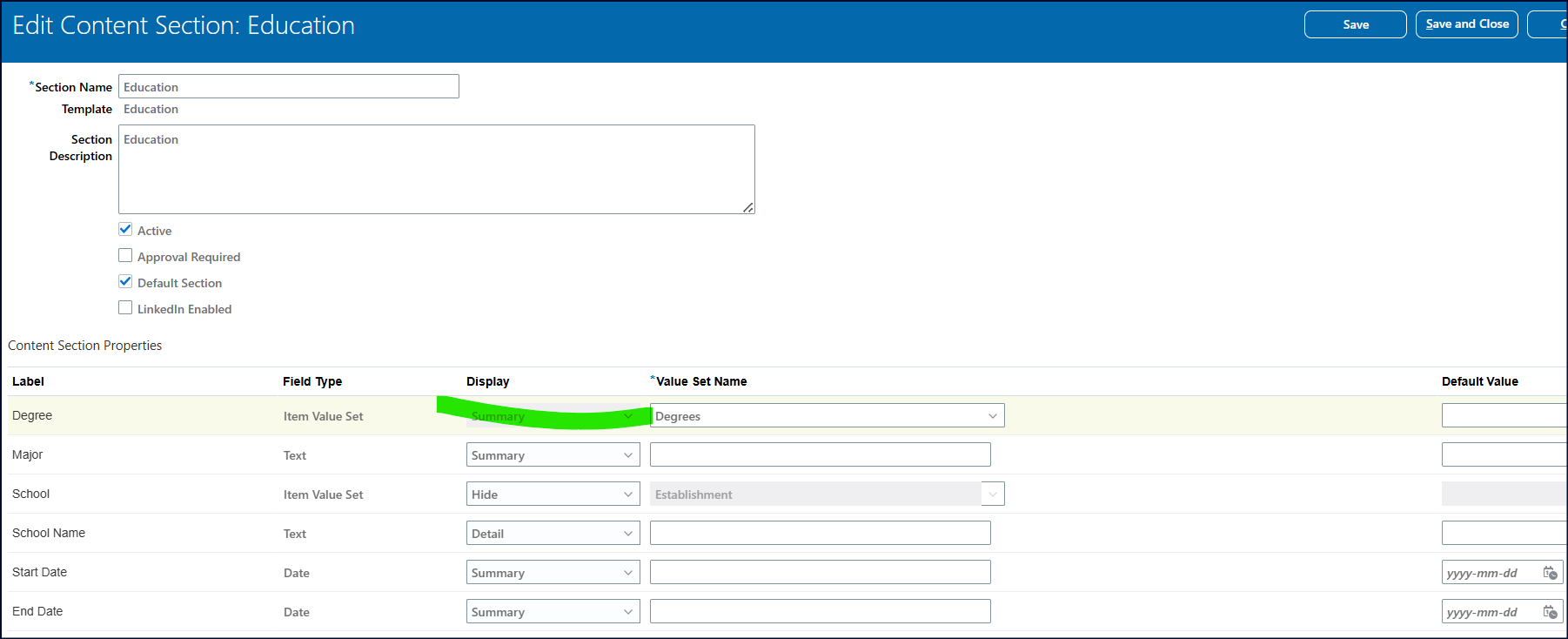 CHange field Display to Hide in the Education Content Section — Cloud ...