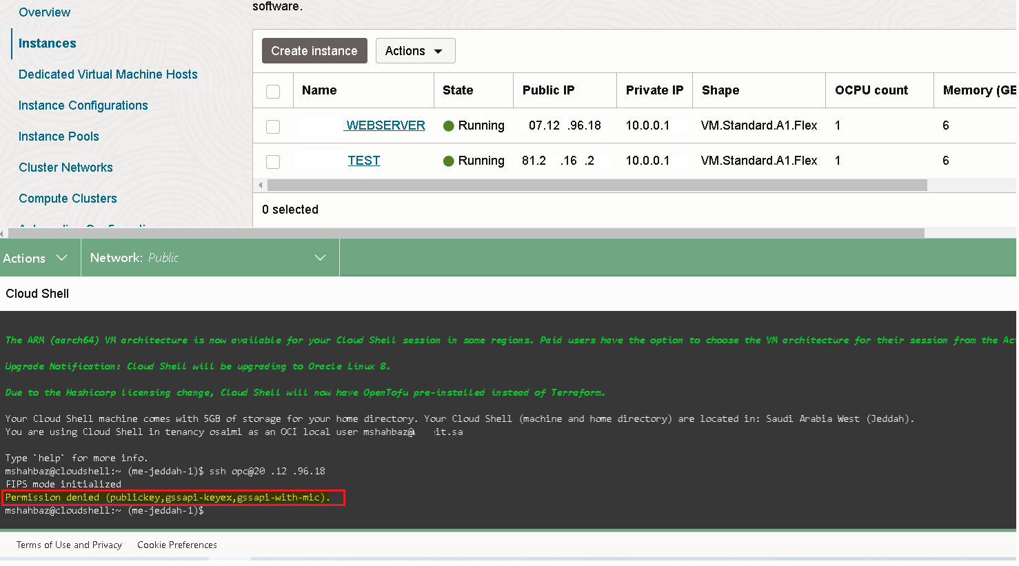 Unable to access compute instance in OCI cloud shell getting permission ...