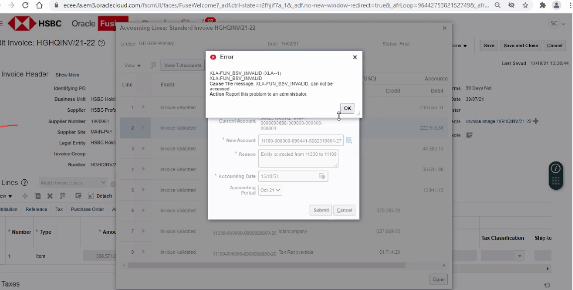 Account Override error on Invoice Accounting — Cloud Customer Connect