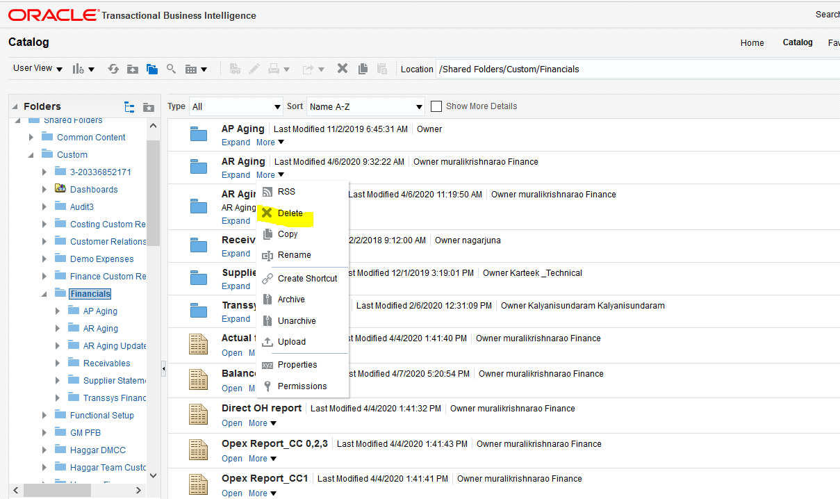 Disable Delete Option in Report Folder — Cloud Customer Connect