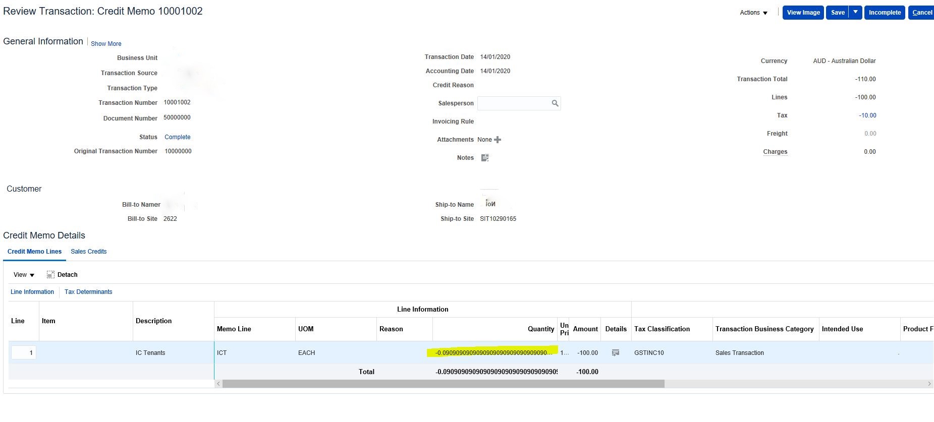 Credit transaction quantity has too many decimal points cloud