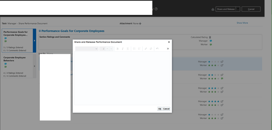 Share and Release Performance Document comment box — Cloud Customer Connect