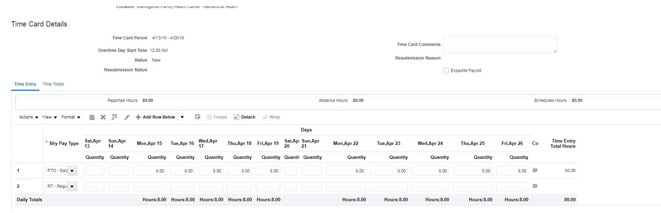 Unable to submit the Time card — Cloud Customer Connect