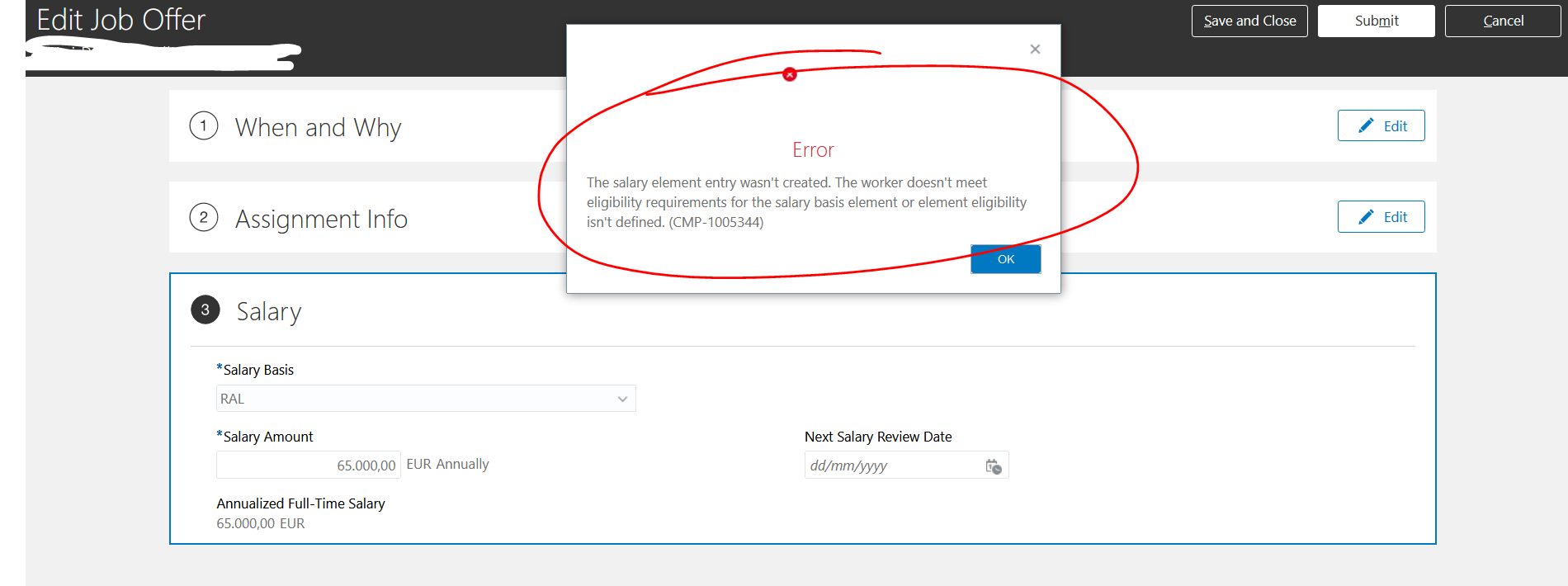 Job Offer error message — Cloud Customer Connect