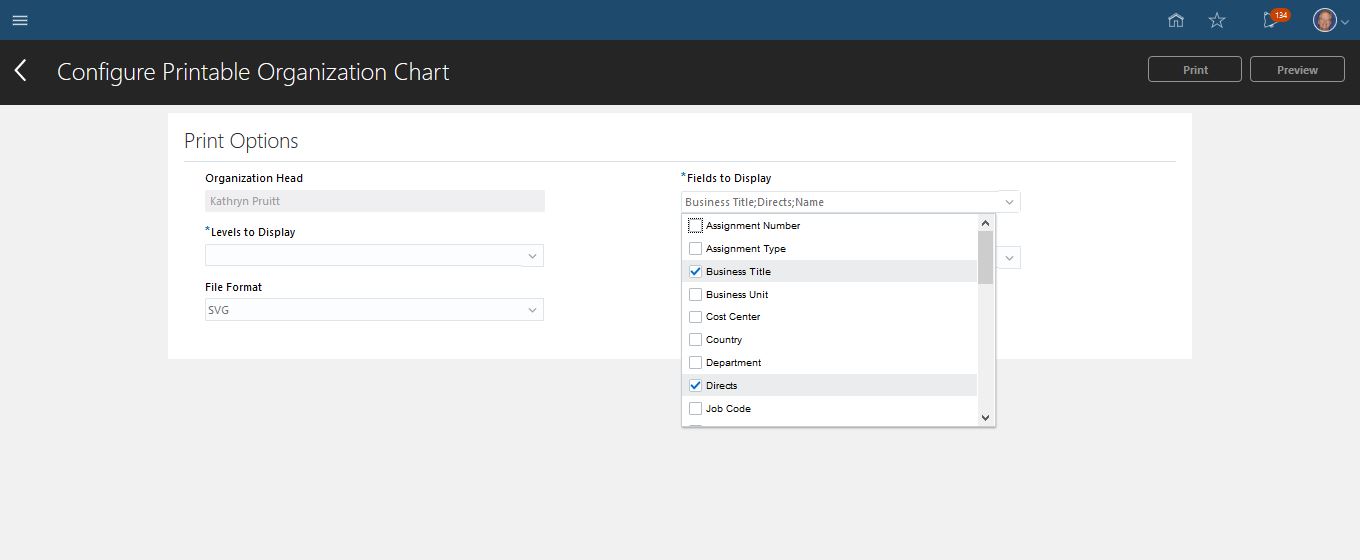 Print Org Chart - Default fields to display — Cloud Customer Connect