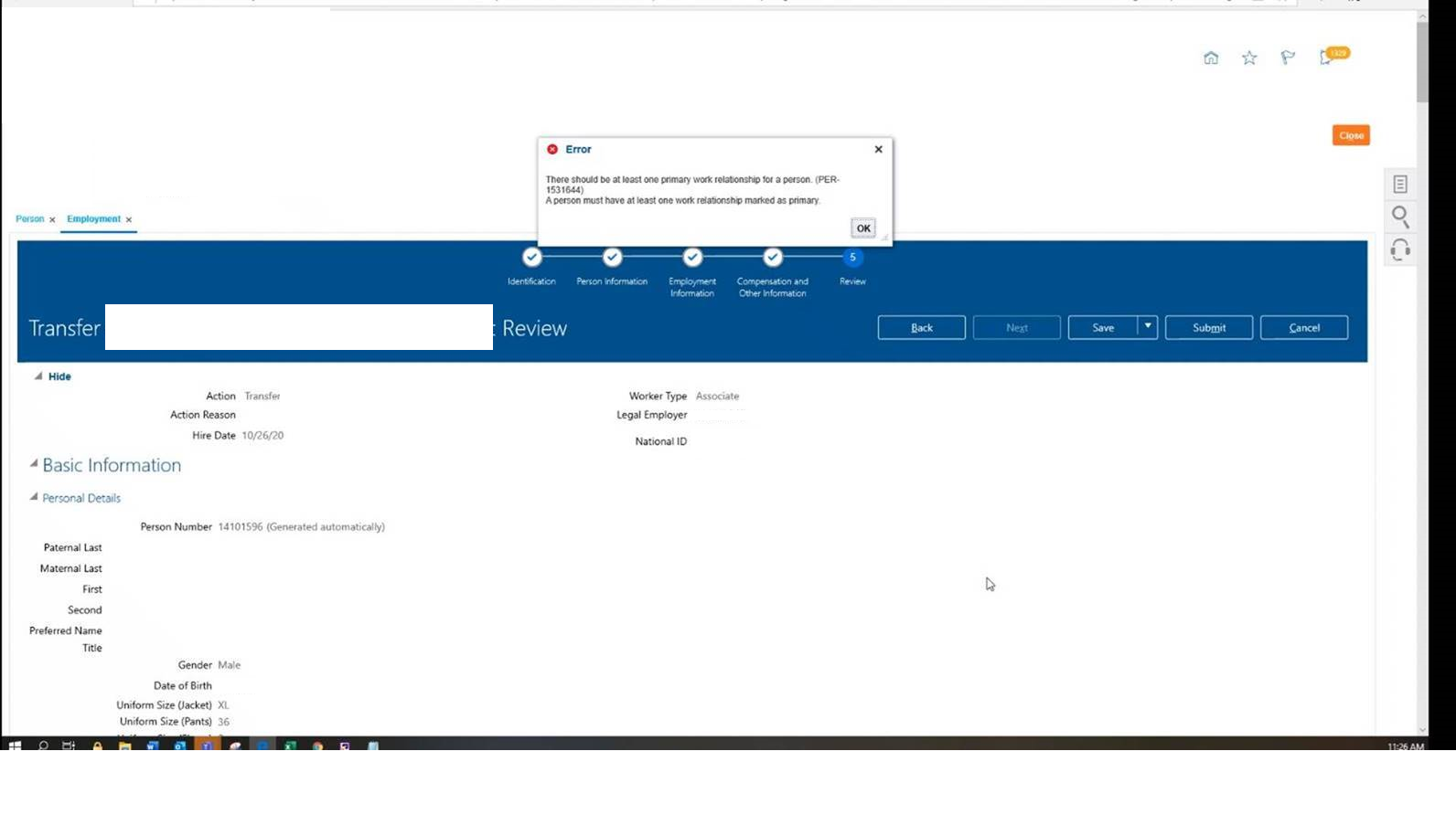 Global Transfer Primary Work Relationship error — Cloud Customer Connect