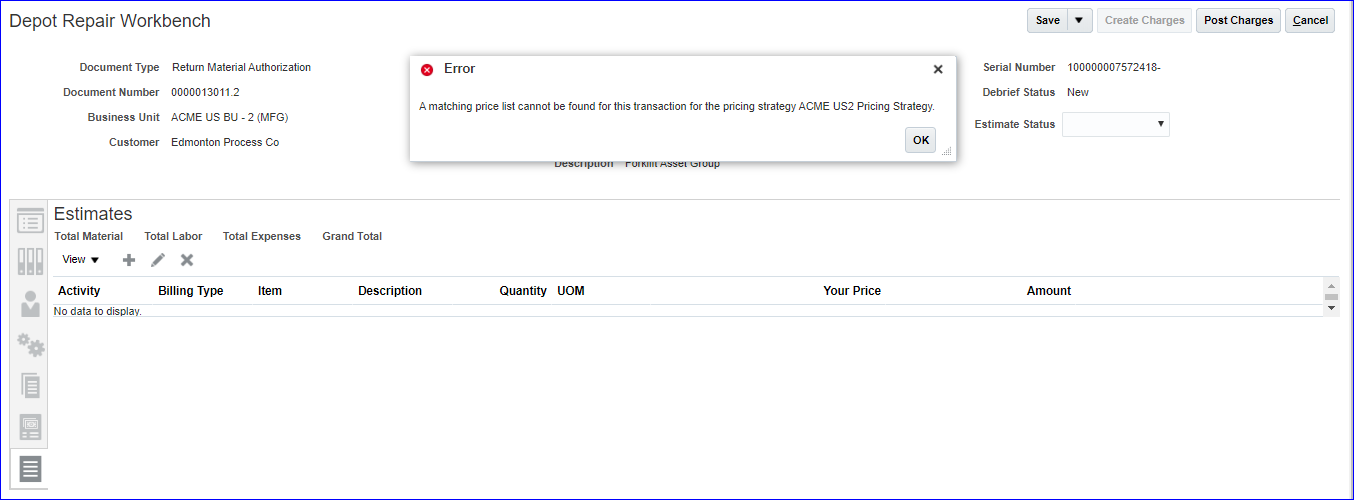 Unable to add Lines in Depot Repair Estimation. — Cloud Customer Connect
