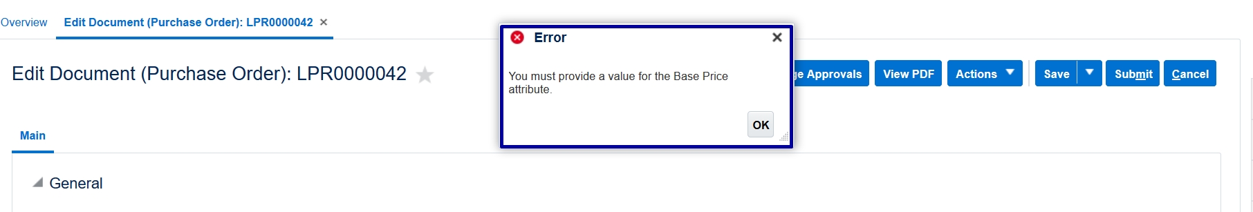 Base Price error while saving / submitting a PO — Cloud Customer Connect