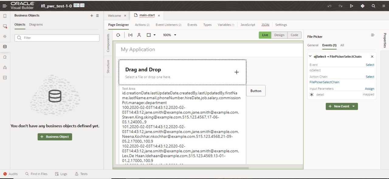 how to read data from csv file and store in a business object at run